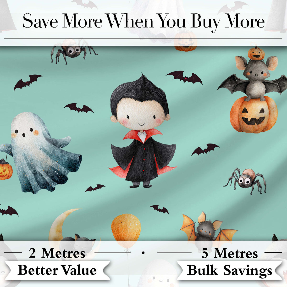 Cute Halloween Dracula Ghost Bats on Mint Green Background Seamless Pattern Digital Print Fabric by the Metre UK Sewing Quilting Textile