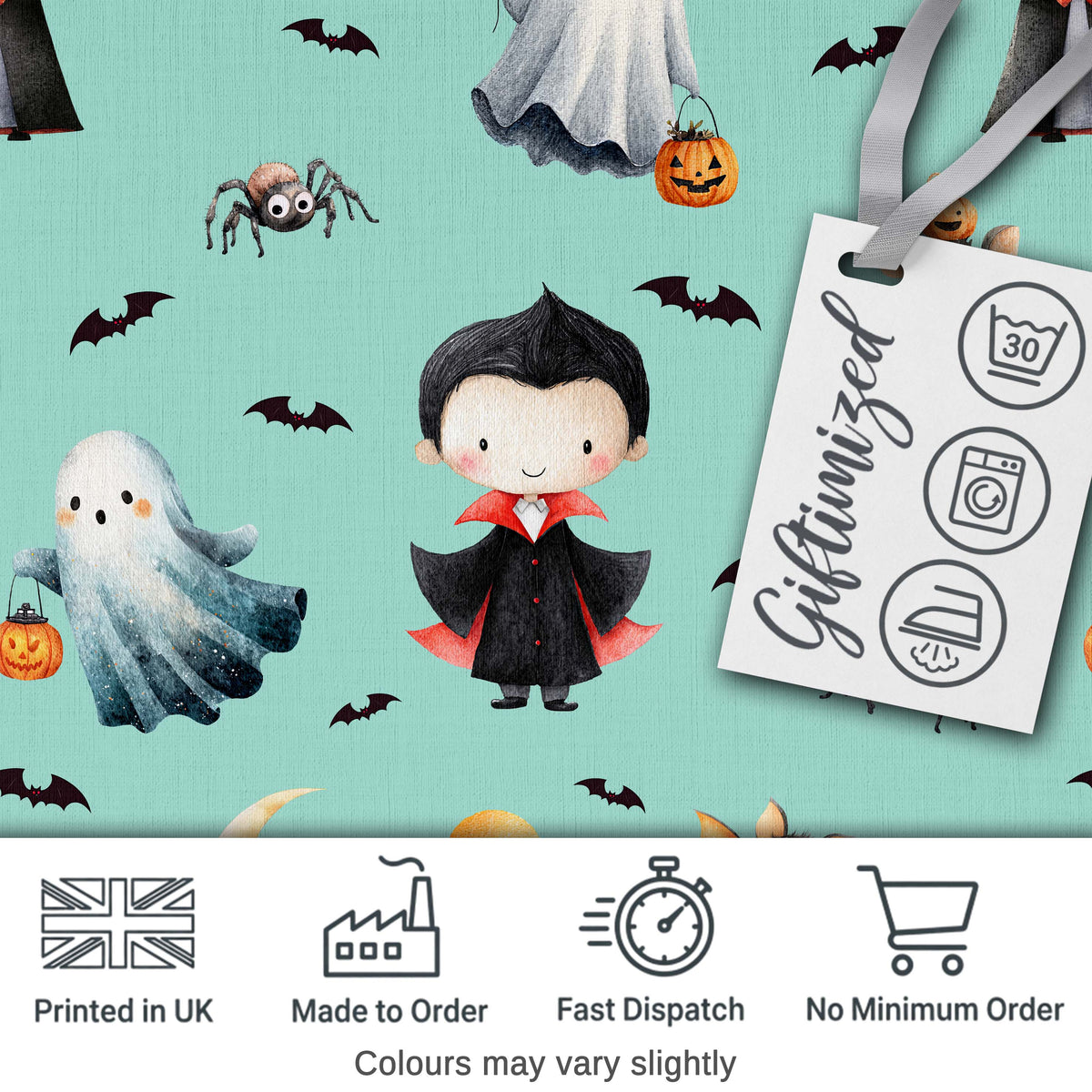 Cute Halloween Dracula Ghost Bats on Mint Green Background Seamless Pattern Digital Print Fabric by the Metre UK Sewing Quilting Textile