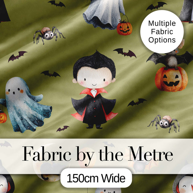 Cute Halloween Dracula Ghost Bats on Olive Green Background Seamless Pattern Digital Print Fabric by the Metre UK Sewing Quilting Textile