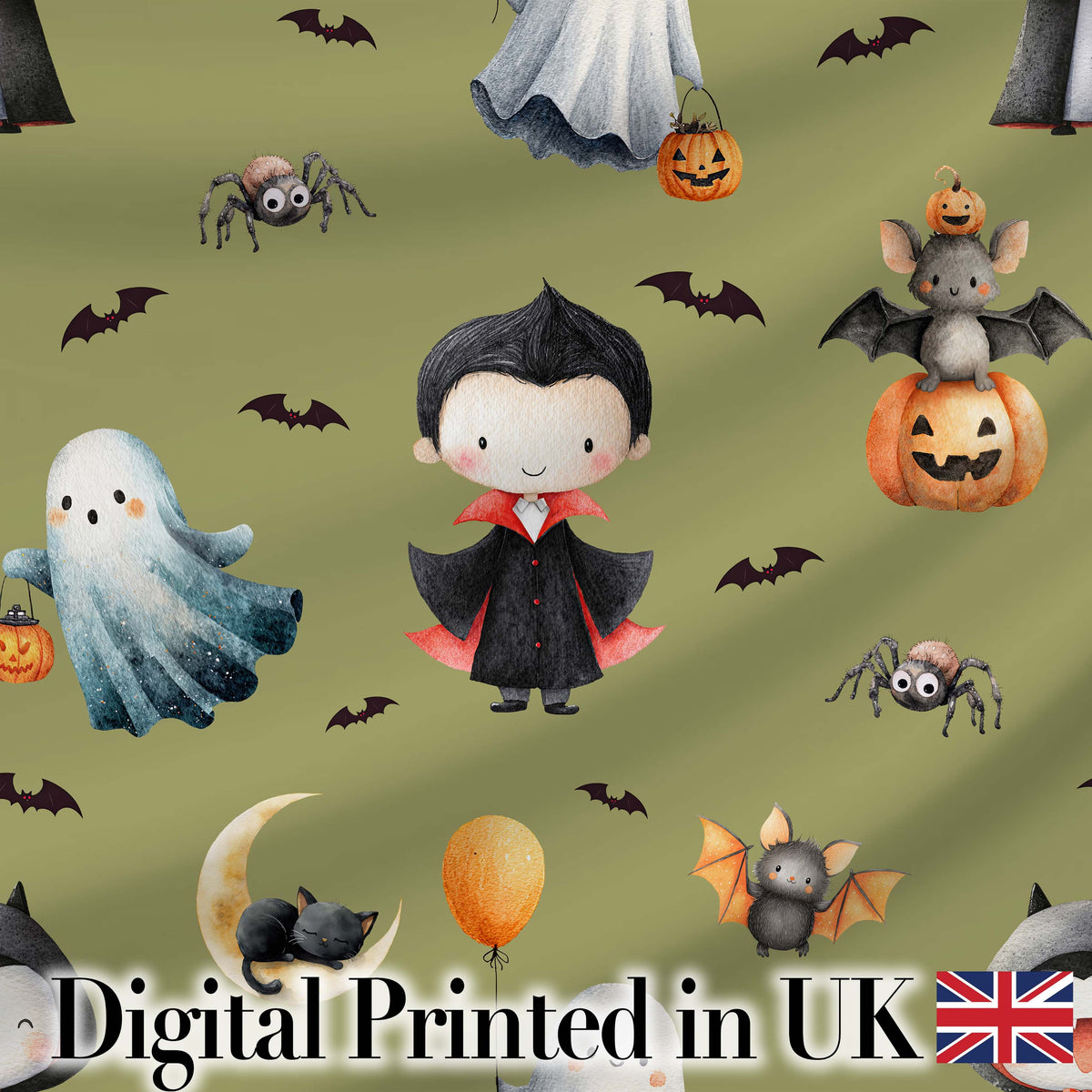 Cute Halloween Dracula Ghost Bats on Olive Green Background Seamless Pattern Digital Print Fabric by the Metre UK Sewing Quilting Textile