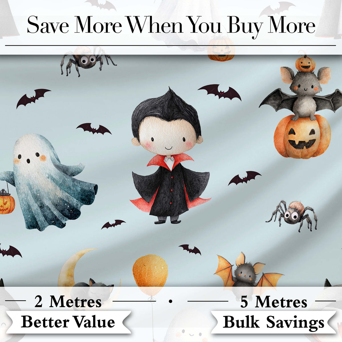 Cute Halloween Dracula Ghost Bats on Soft Blue Background Seamless Pattern Digital Print Fabric by the Metre UK Sewing Quilting Textile
