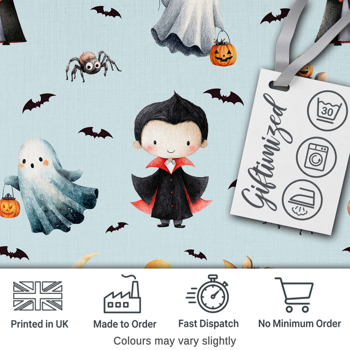 Cute Halloween Dracula Ghost Bats on Soft Blue Background Seamless Pattern Digital Print Fabric by the Metre UK Sewing Quilting Textile
