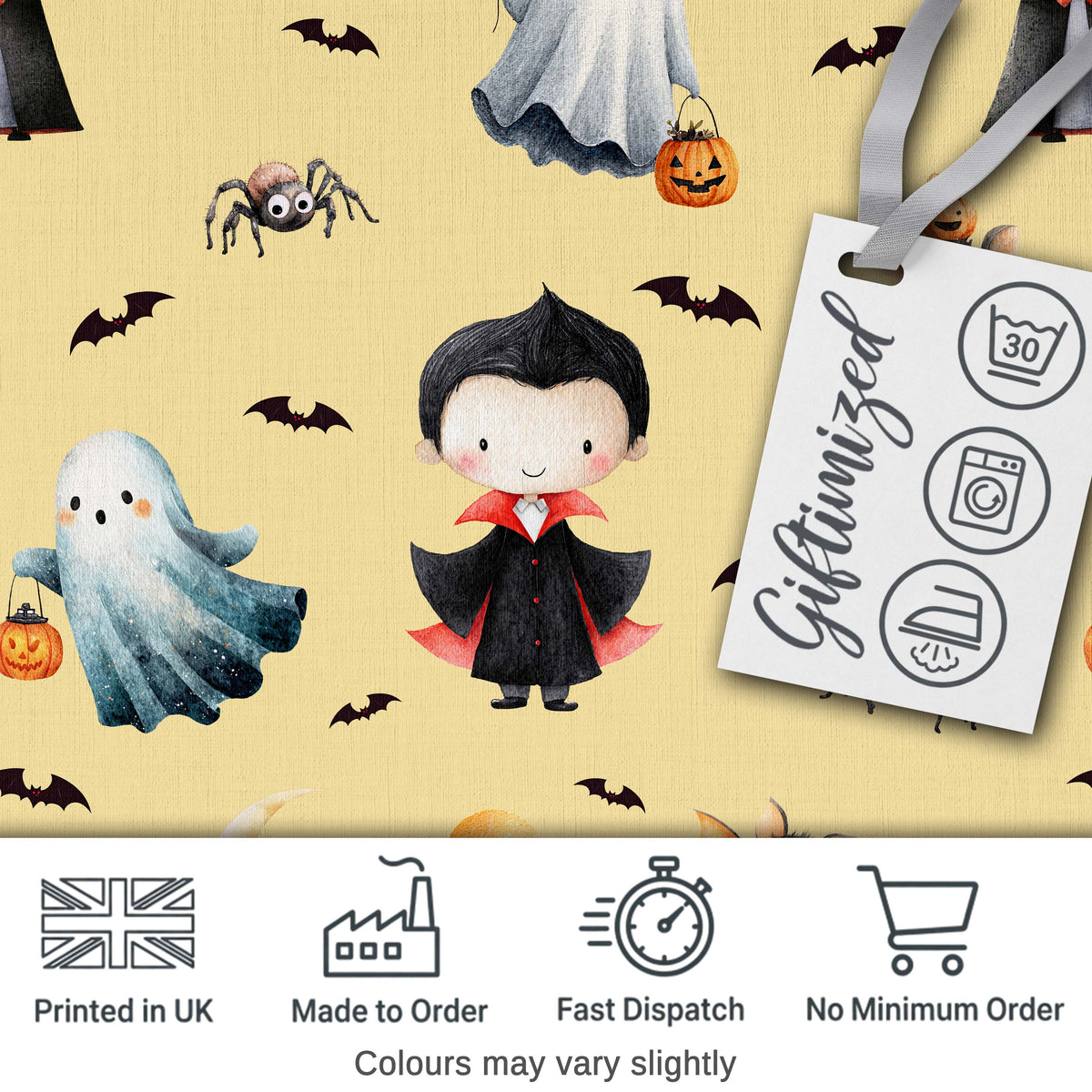 Cute Halloween Dracula Ghost Bats on Warm Beige Background Seamless Pattern Digital Print Fabric by the Metre UK Sewing Quilting Textile