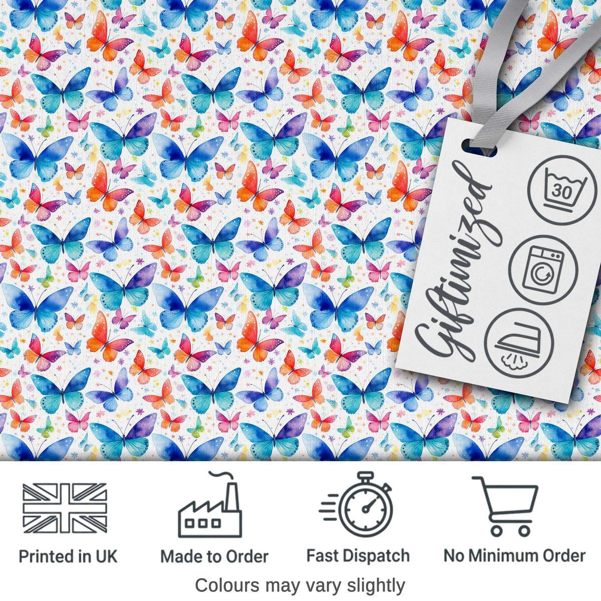 Bright Rainbow Butterflies with Colorful Floral Accents Seamless Pattern Digital Print Fabric by the Metre UK Sewing Quilting Textile