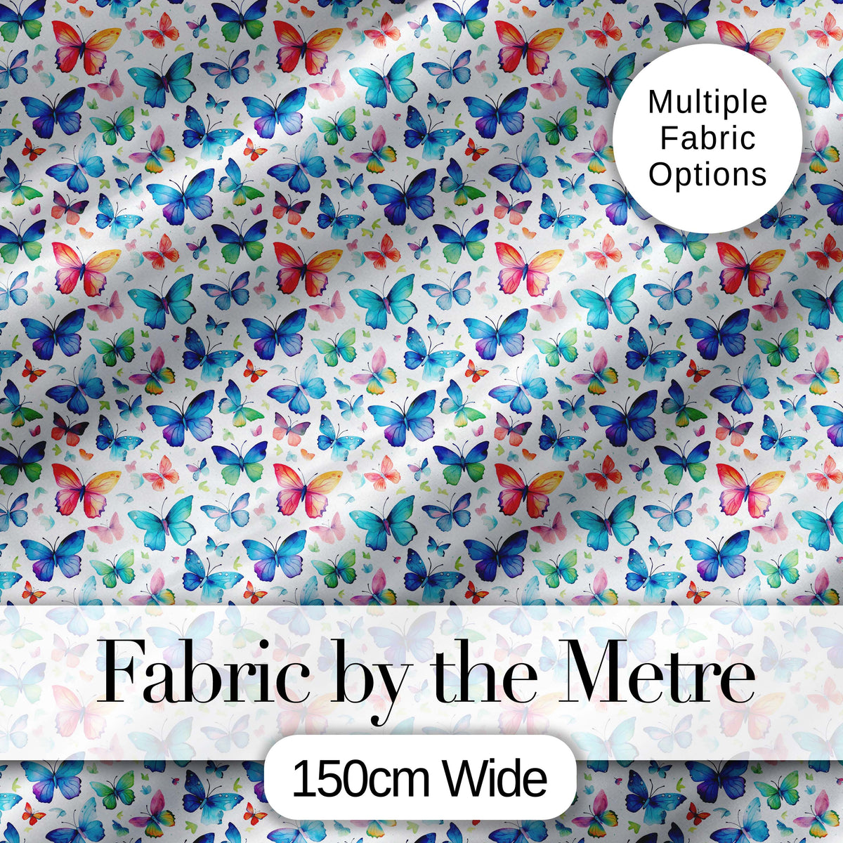 Vibrant Blue and Multicolor Butterflies on Light Background Seamless Pattern Digital Print Fabric by the Metre UK Sewing Quilting Textile