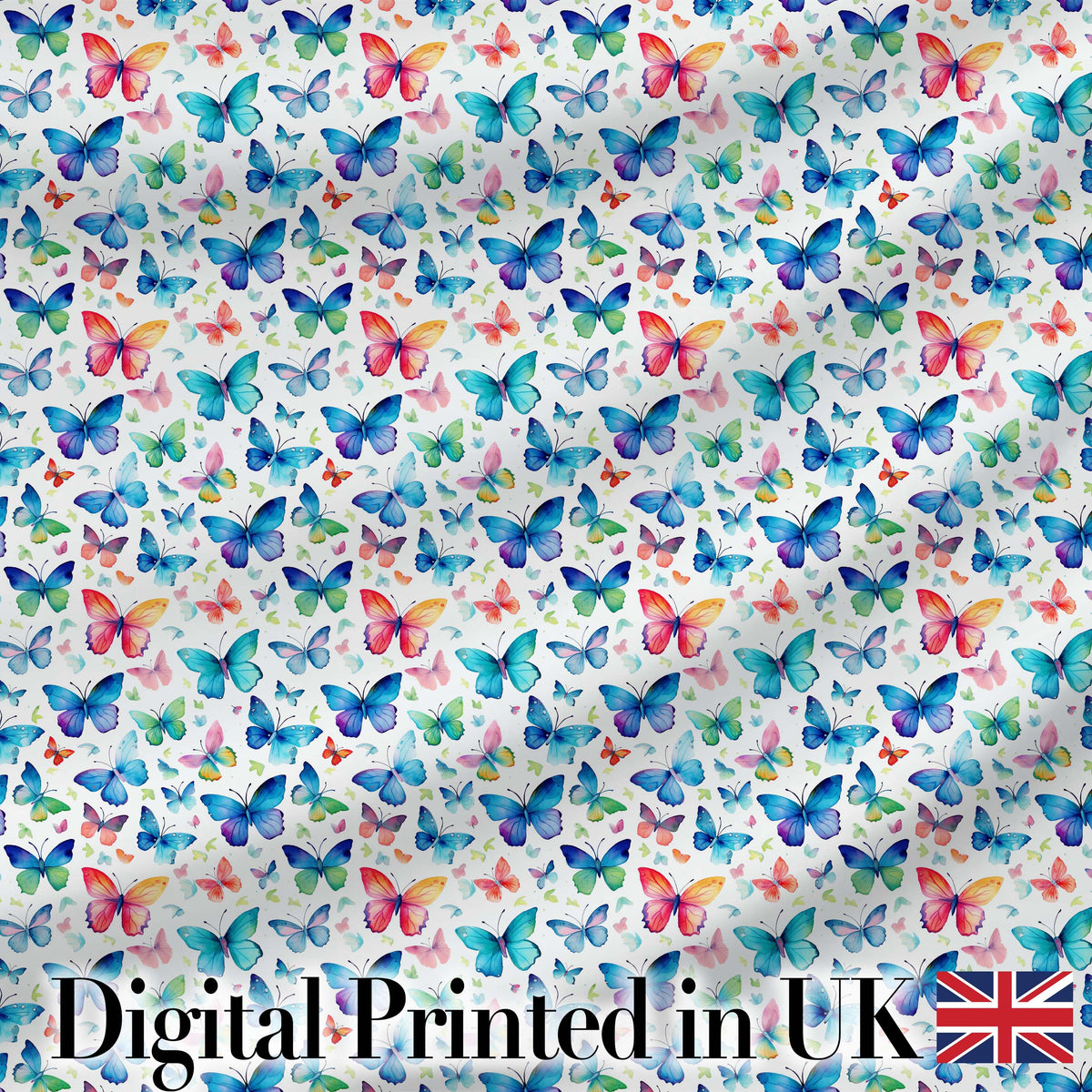 Vibrant Blue and Multicolor Butterflies on Light Background Seamless Pattern Digital Print Fabric by the Metre UK Sewing Quilting Textile
