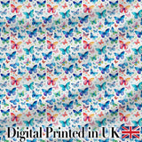 Vibrant Blue and Multicolor Butterflies on Light Background Seamless Pattern Digital Print Fabric by the Metre UK Sewing Quilting Textile