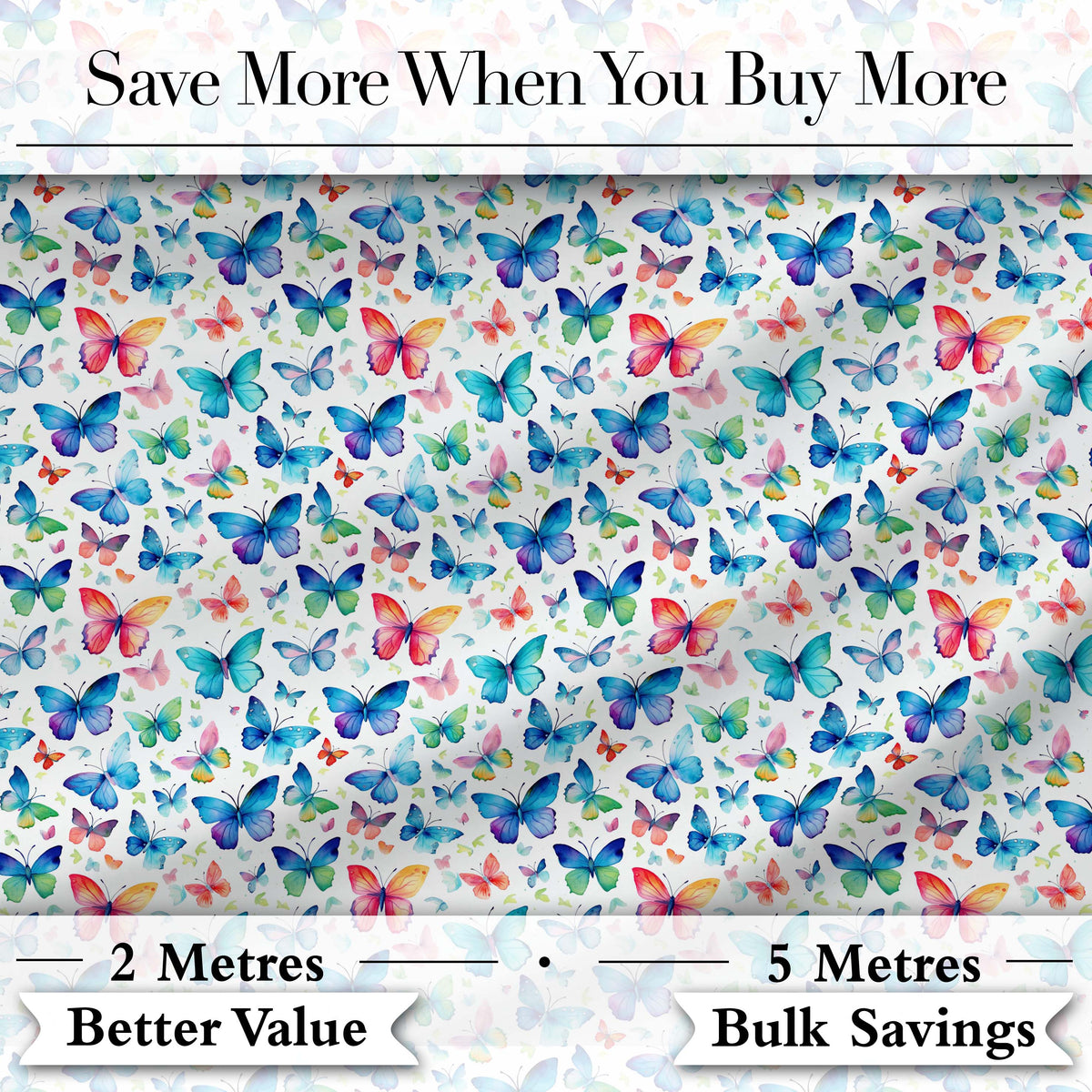 Vibrant Blue and Multicolor Butterflies on Light Background Seamless Pattern Digital Print Fabric by the Metre UK Sewing Quilting Textile