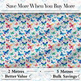 Vibrant Blue and Multicolor Butterflies on Light Background Seamless Pattern Digital Print Fabric by the Metre UK Sewing Quilting Textile