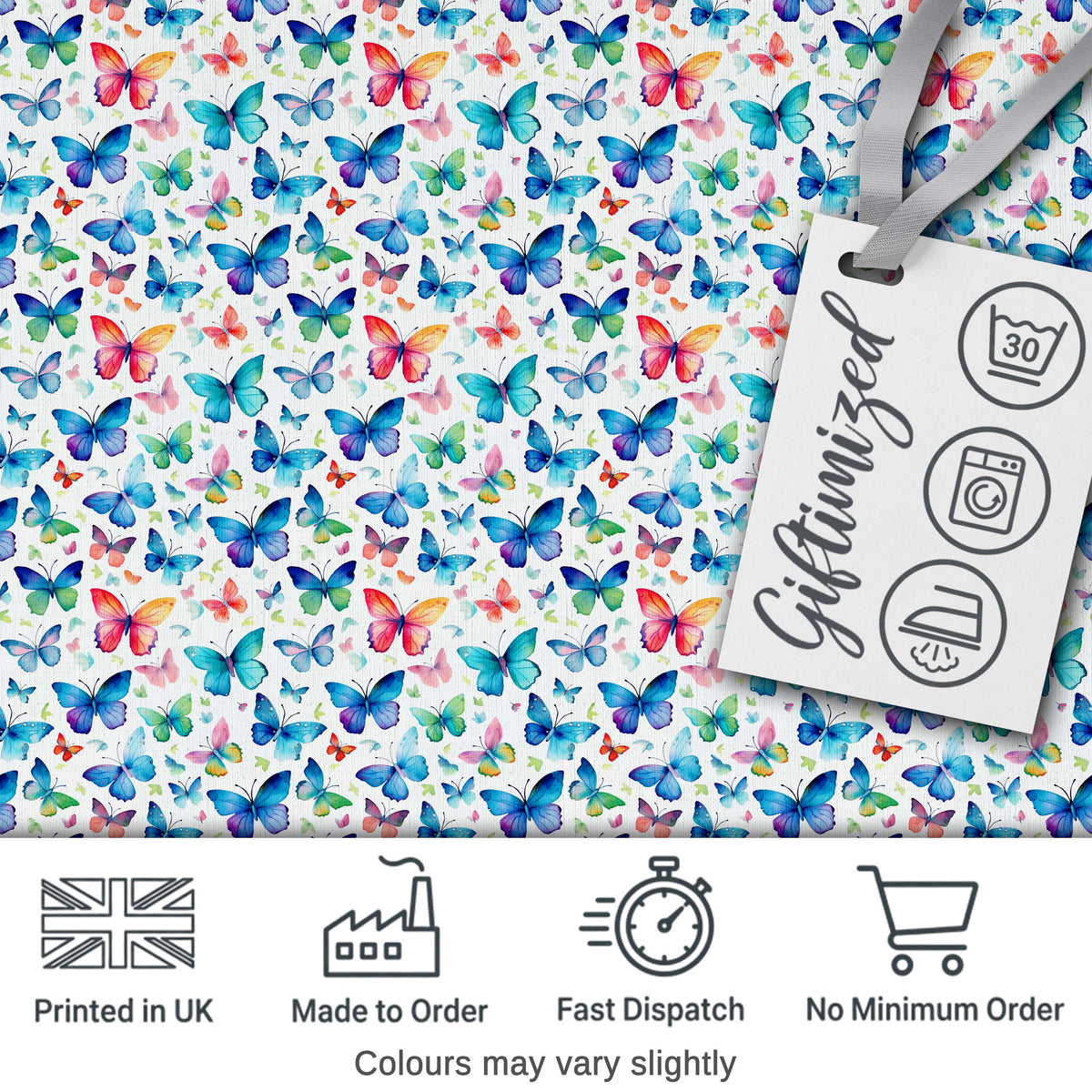 Vibrant Blue and Multicolor Butterflies on Light Background Seamless Pattern Digital Print Fabric by the Metre UK Sewing Quilting Textile