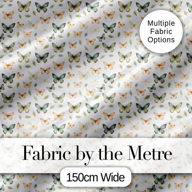 Soft Neutral Butterflies with Leaves Minimal Seamless Pattern Digital Print Fabric by the Metre UK Sewing Quilting Textile