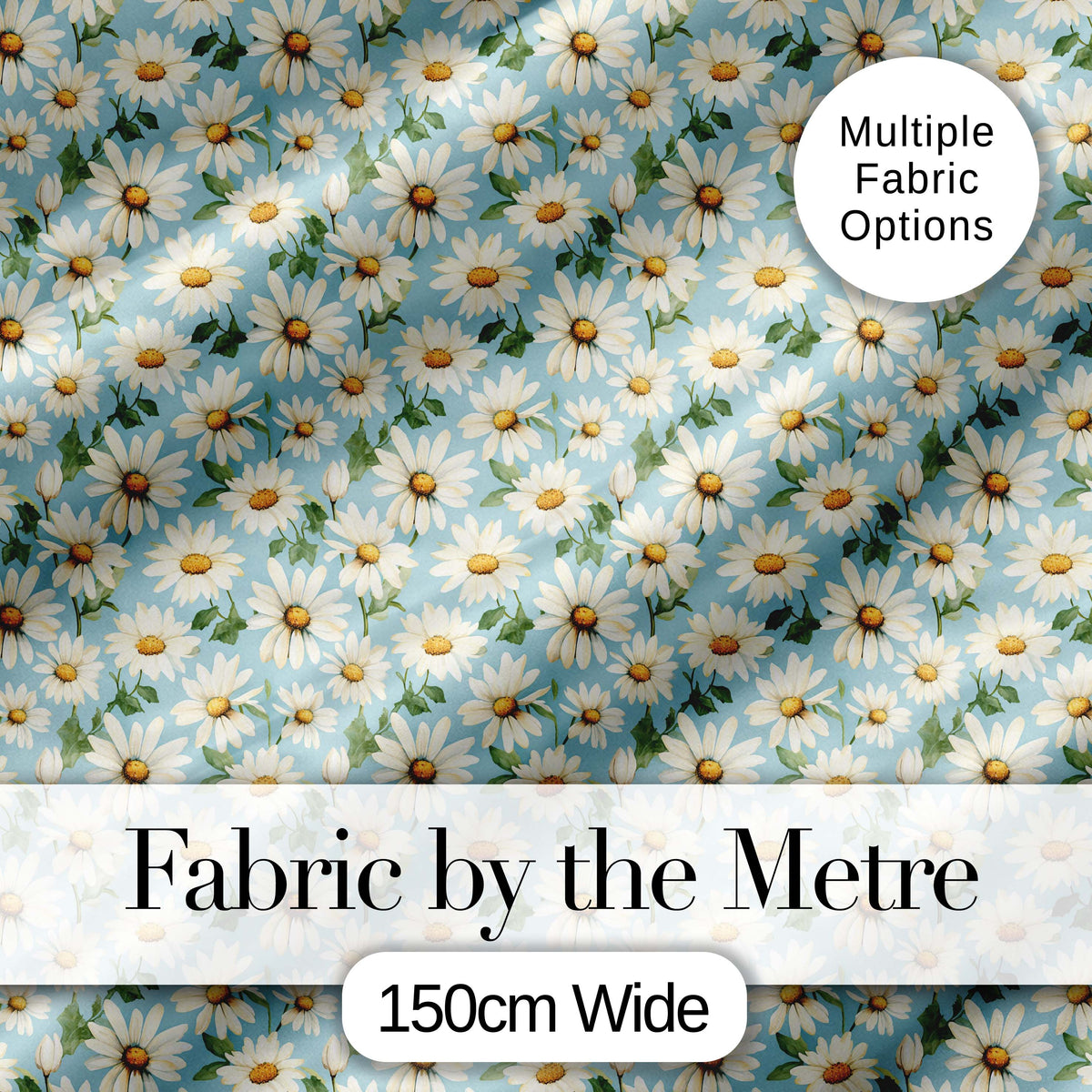 Elegant White Daisy Flowers on Sky Blue Background Seamless Pattern Digital Print Fabric by the Metre UK Sewing Quilting Textile