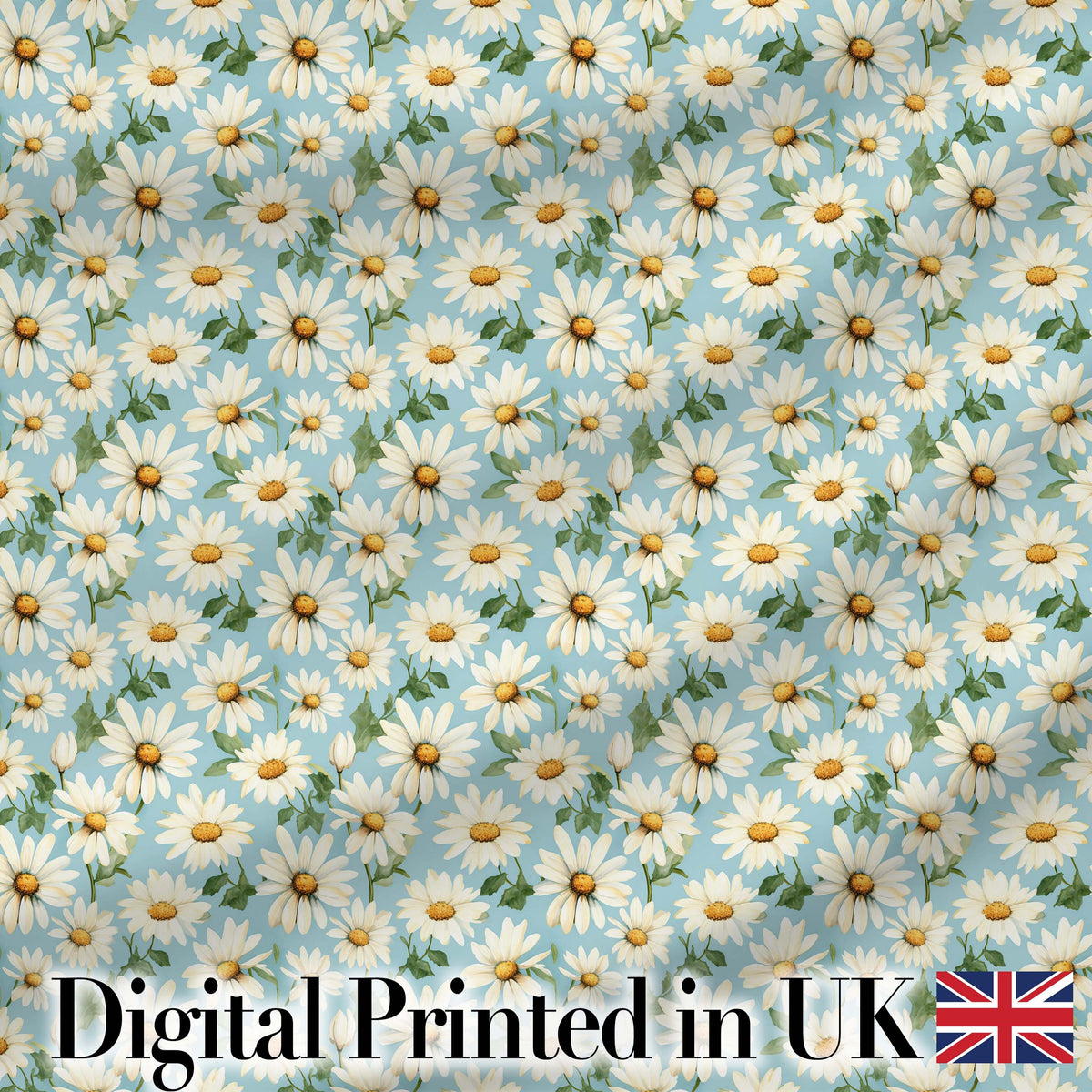 Elegant White Daisy Flowers on Sky Blue Background Seamless Pattern Digital Print Fabric by the Metre UK Sewing Quilting Textile