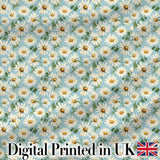 Elegant White Daisy Flowers on Sky Blue Background Seamless Pattern Digital Print Fabric by the Metre UK Sewing Quilting Textile