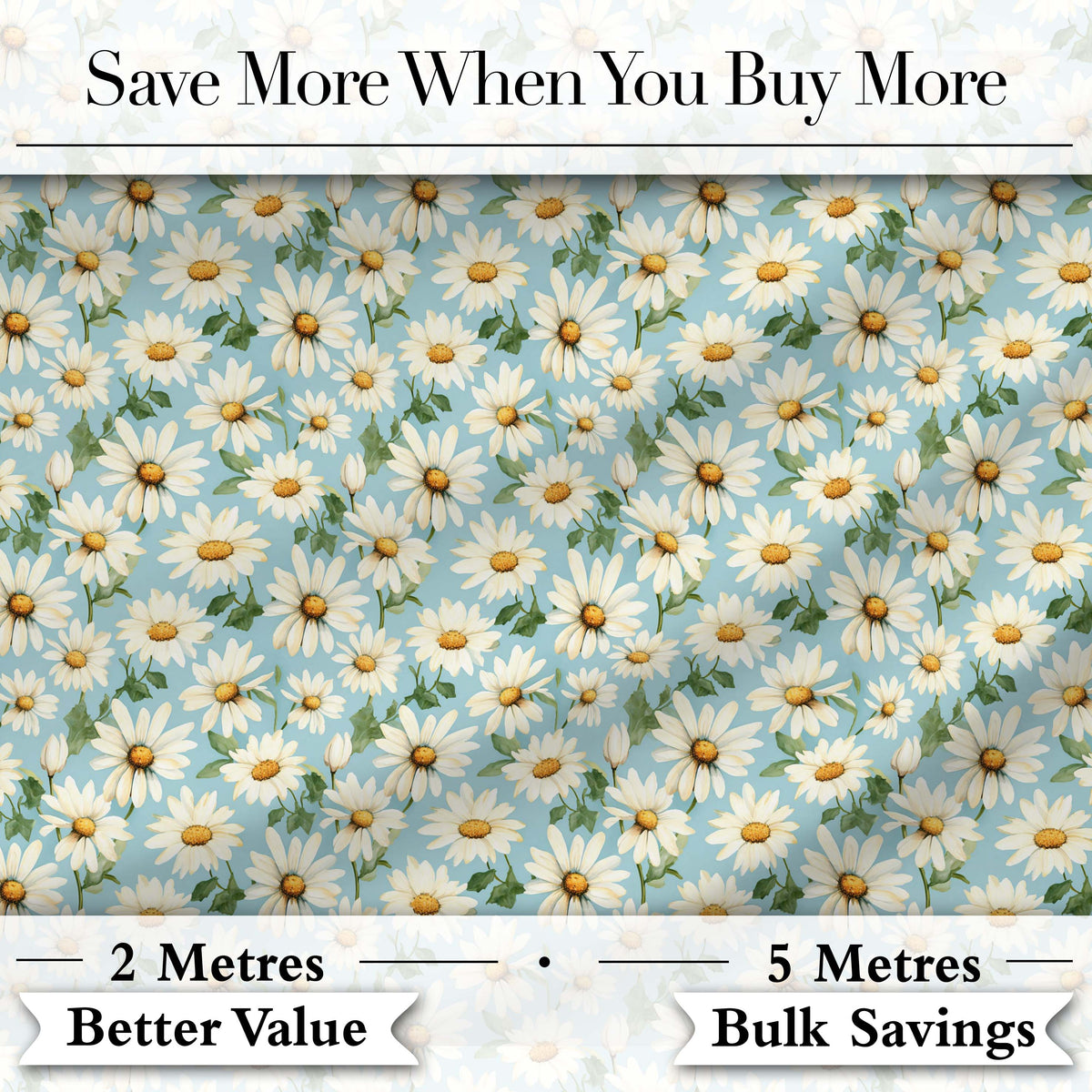 Elegant White Daisy Flowers on Sky Blue Background Seamless Pattern Digital Print Fabric by the Metre UK Sewing Quilting Textile