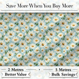 Elegant White Daisy Flowers on Sky Blue Background Seamless Pattern Digital Print Fabric by the Metre UK Sewing Quilting Textile