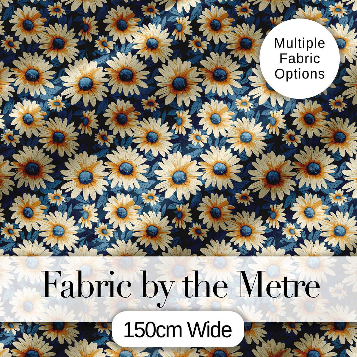 Navy Blue Background Yellow Daisy Floral Seamless Pattern Digital Print Fabric by the Metre UK Sewing Quilting Textile