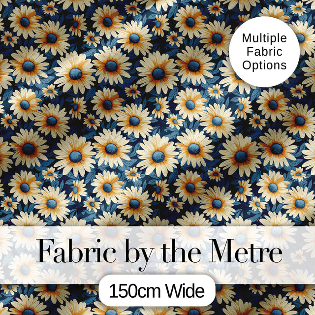 Navy Blue Background Yellow Daisy Floral Seamless Pattern Digital Print Fabric by the Metre UK Sewing Quilting Textile
