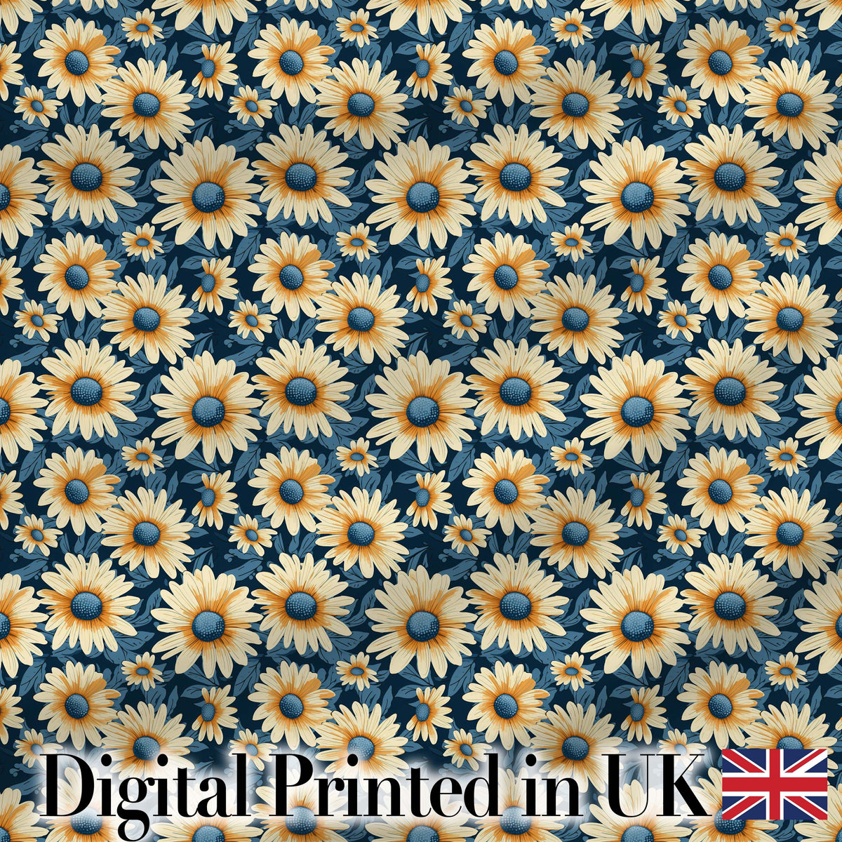 Navy Blue Background Yellow Daisy Floral Seamless Pattern Digital Print Fabric by the Metre UK Sewing Quilting Textile