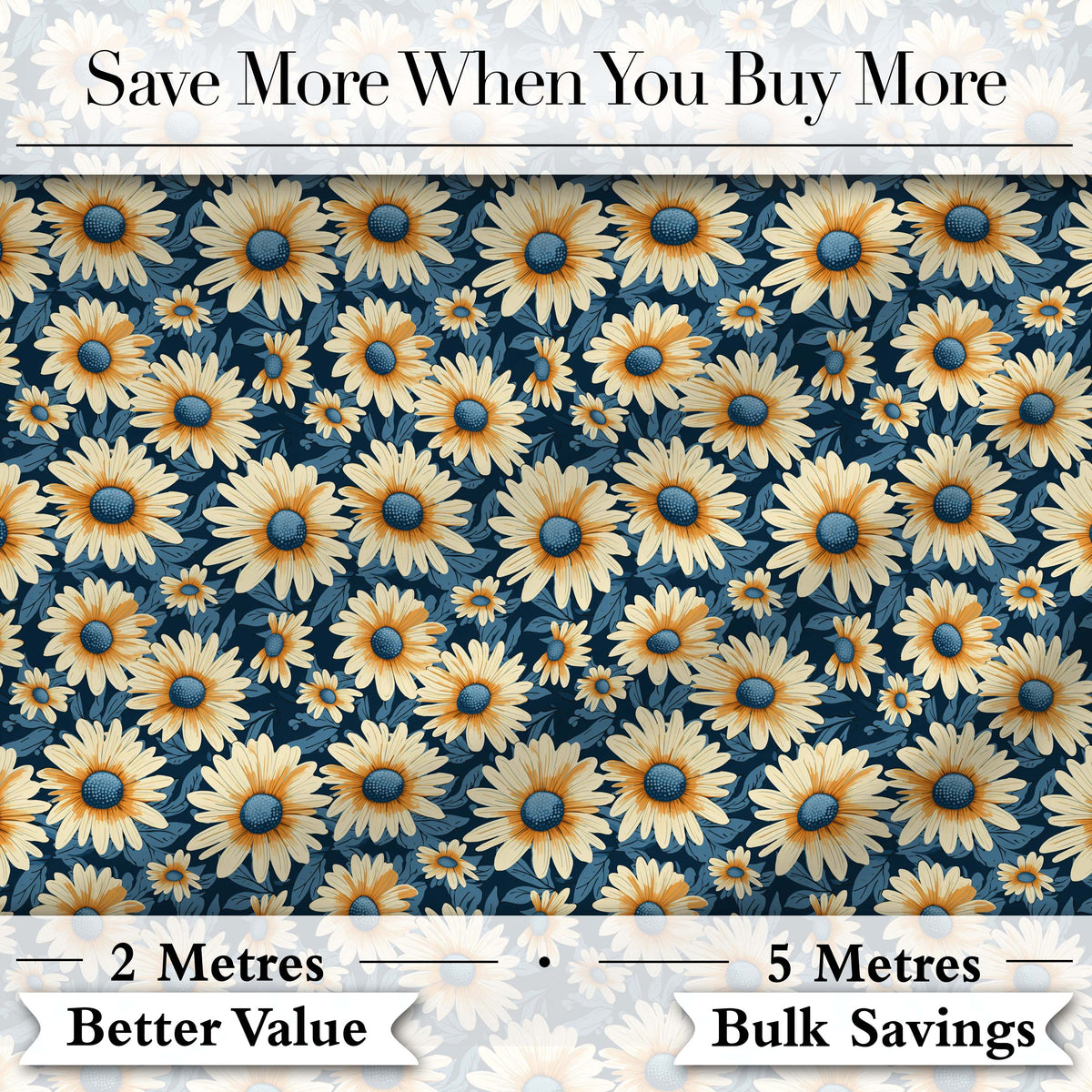 Navy Blue Background Yellow Daisy Floral Seamless Pattern Digital Print Fabric by the Metre UK Sewing Quilting Textile