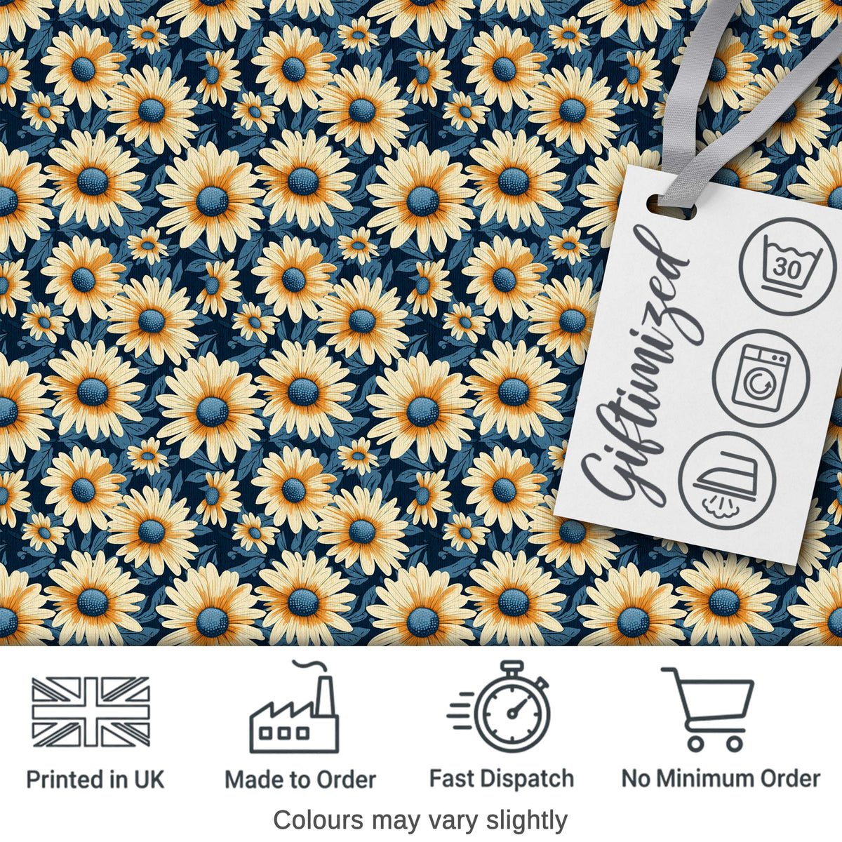Navy Blue Background Yellow Daisy Floral Seamless Pattern Digital Print Fabric by the Metre UK Sewing Quilting Textile