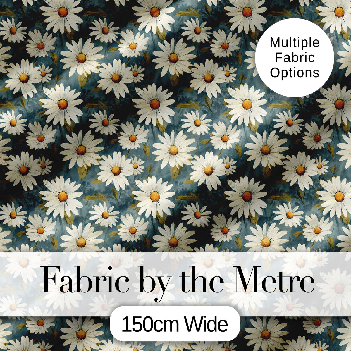 Dark Teal Background White Daisy Floral Seamless Pattern Digital Print Fabric by the Metre UK Sewing Quilting Textile