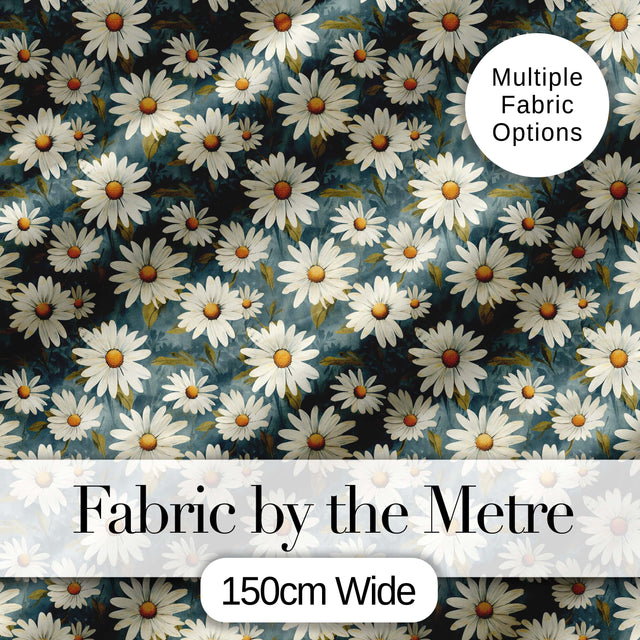 Dark Teal Background White Daisy Floral Seamless Pattern Digital Print Fabric by the Metre UK Sewing Quilting Textile