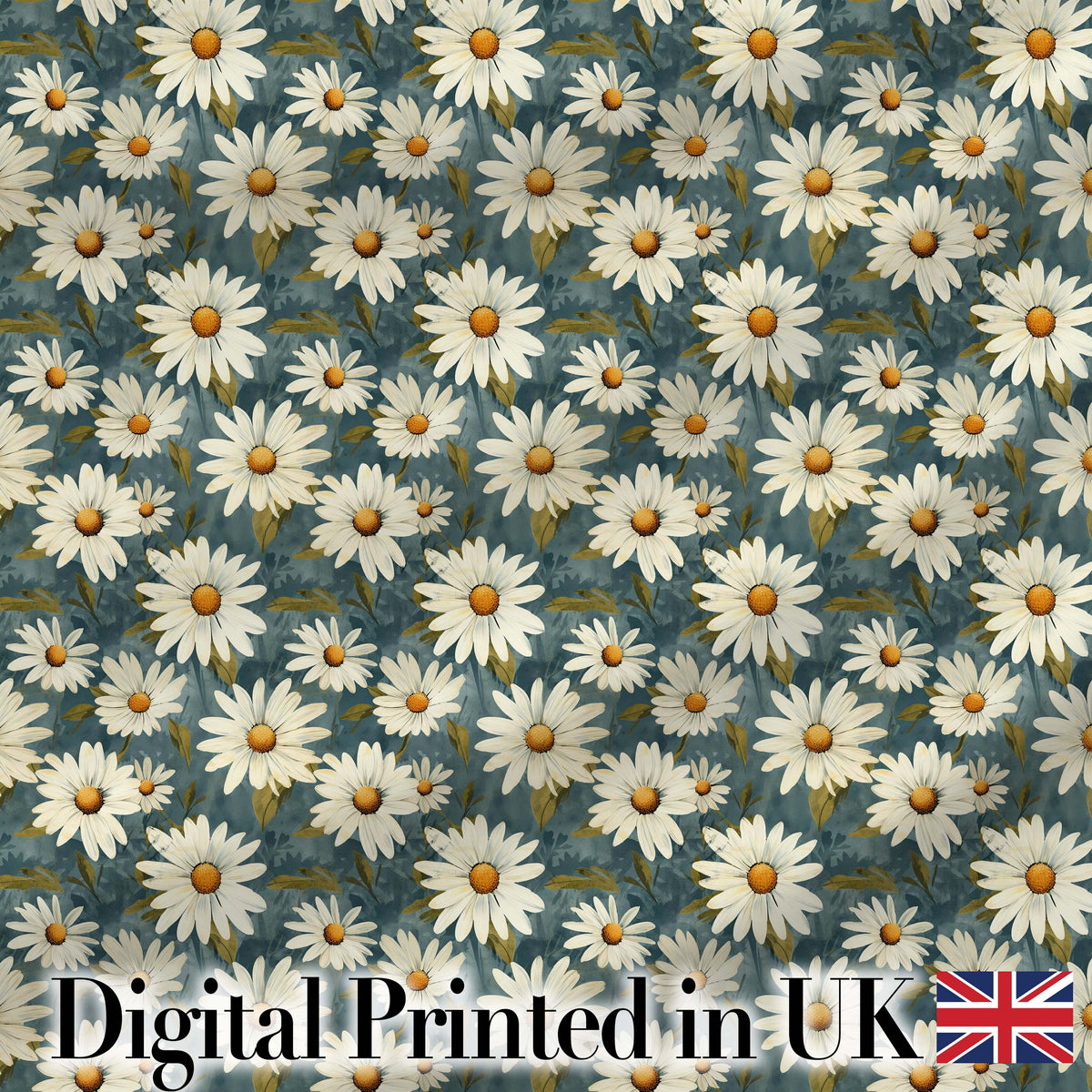 Dark Teal Background White Daisy Floral Seamless Pattern Digital Print Fabric by the Metre UK Sewing Quilting Textile