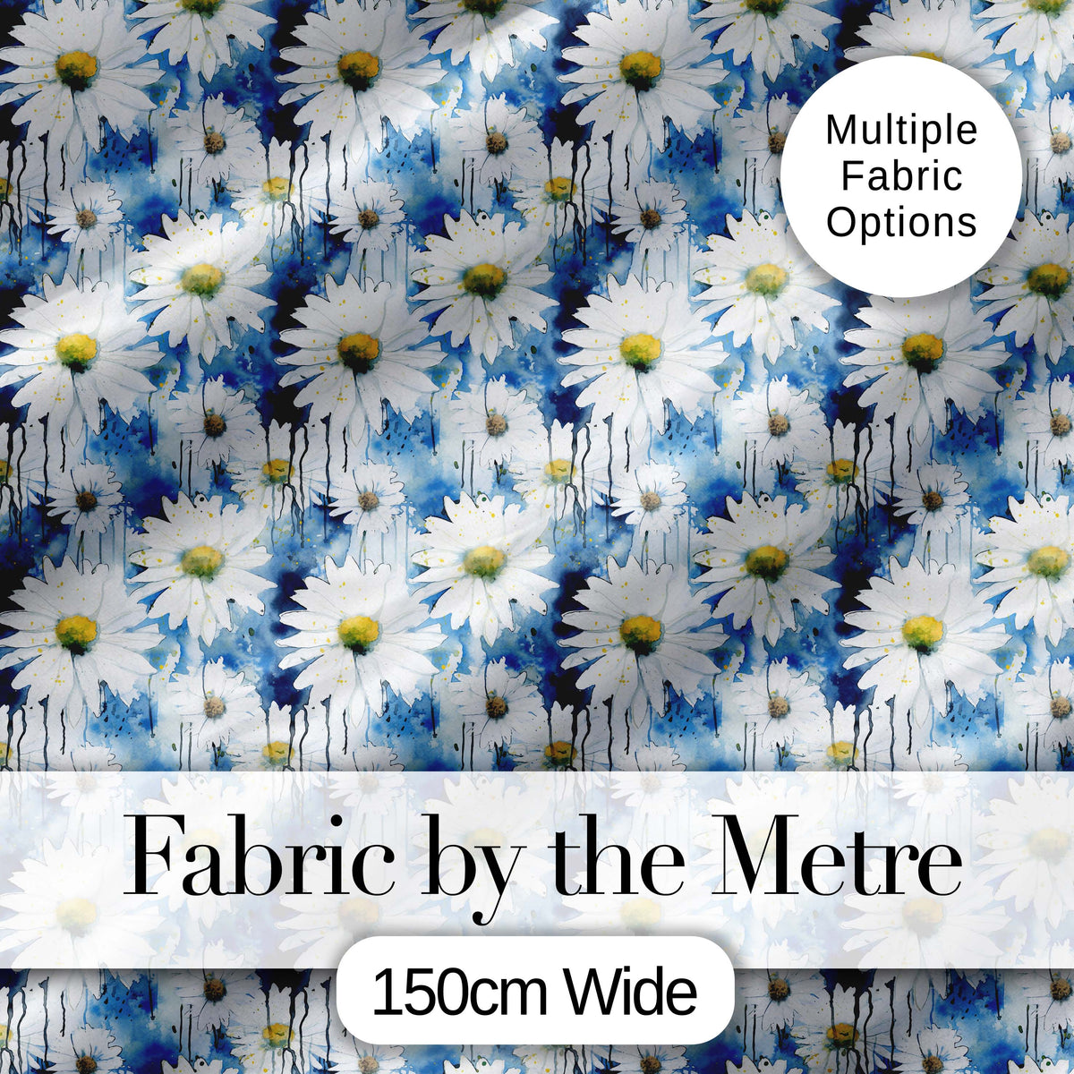 Blue Watercolor Drip Daisy Artistic Seamless Pattern Digital Print Fabric by the Metre UK Sewing Quilting Textile