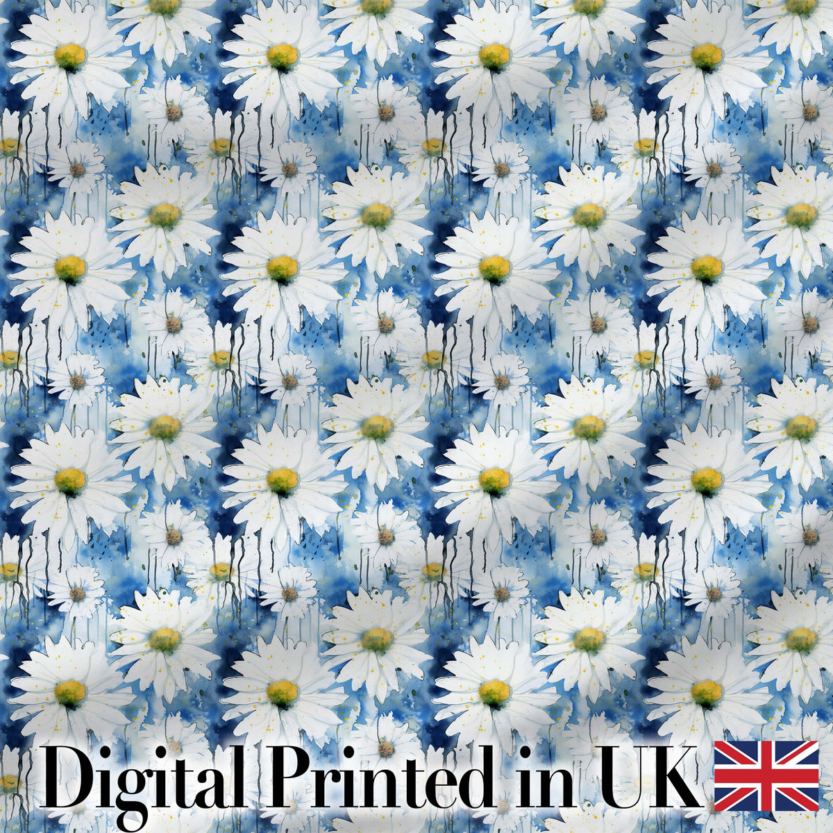 Blue Watercolor Drip Daisy Artistic Seamless Pattern Digital Print Fabric by the Metre UK Sewing Quilting Textile