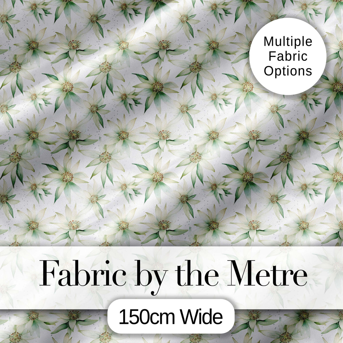 Delicate White and Green Floral Watercolor Seamless Pattern Digital Print Fabric by the Metre UK Sewing Quilting Textile