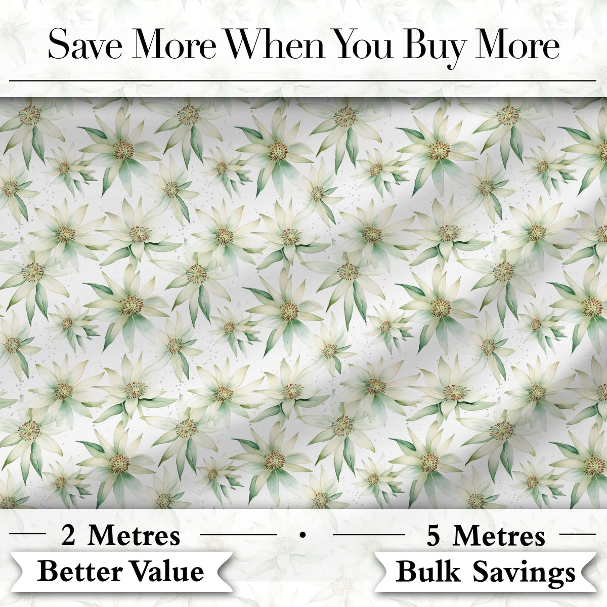Delicate White and Green Floral Watercolor Seamless Pattern Digital Print Fabric by the Metre UK Sewing Quilting Textile