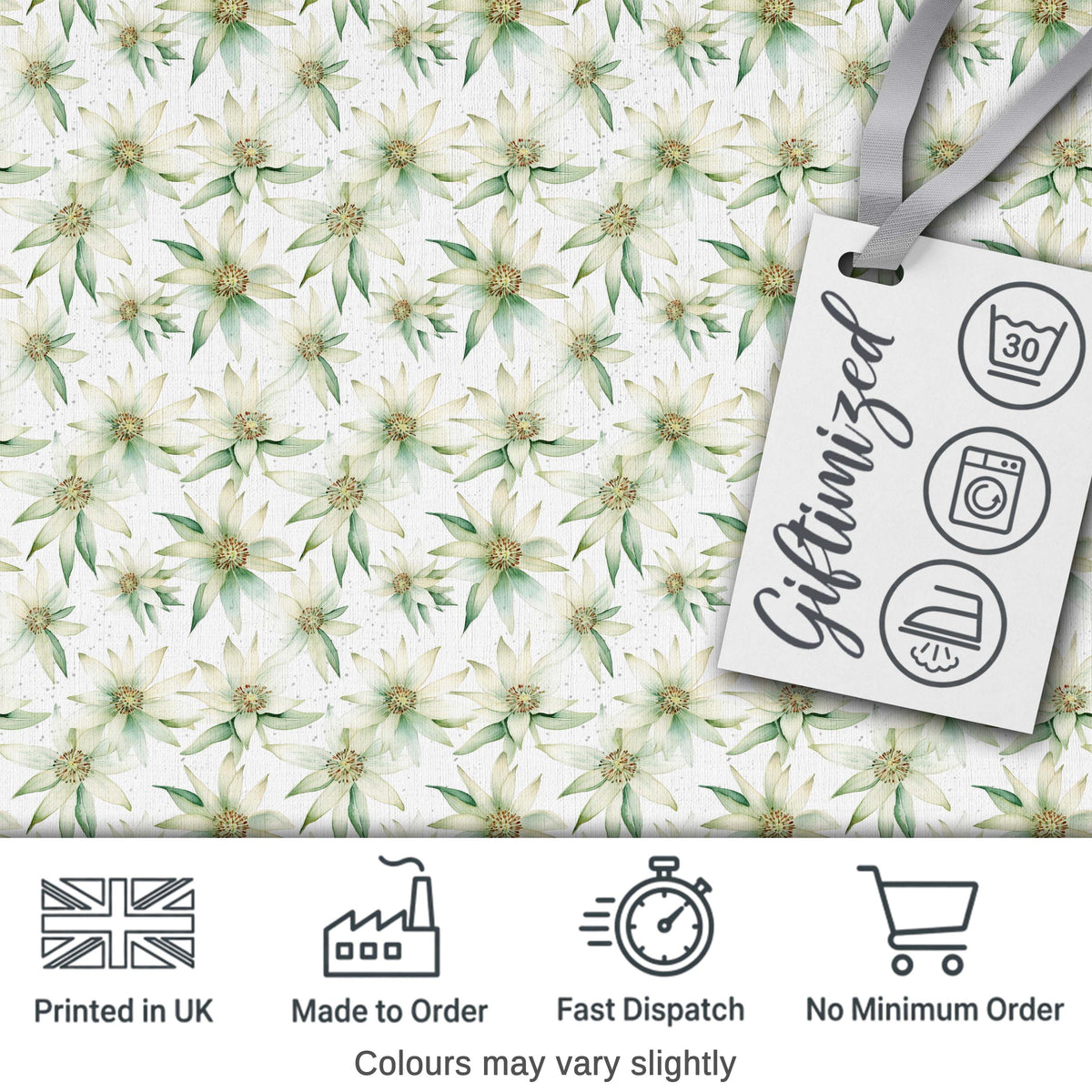 Delicate White and Green Floral Watercolor Seamless Pattern Digital Print Fabric by the Metre UK Sewing Quilting Textile