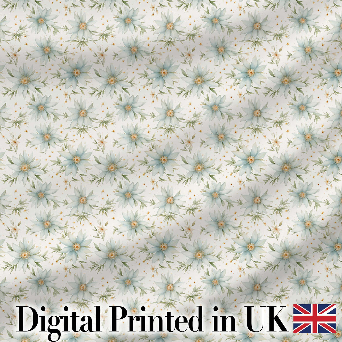 Soft Blue Floral with Gold Speckle Seamless Pattern Digital Print Fabric by the Metre UK Sewing Quilting Textile