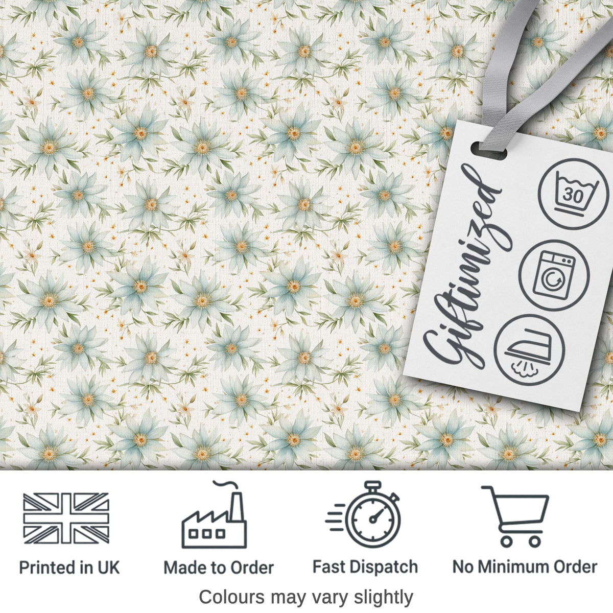 Soft Blue Floral with Gold Speckle Seamless Pattern Digital Print Fabric by the Metre UK Sewing Quilting Textile