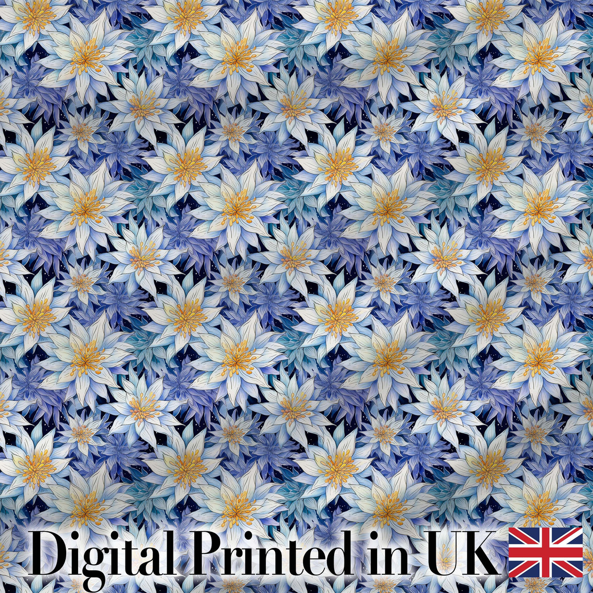 Bold Blue White Botanical Floral Seamless Pattern Digital Print Fabric by the Metre UK Sewing Quilting Textile