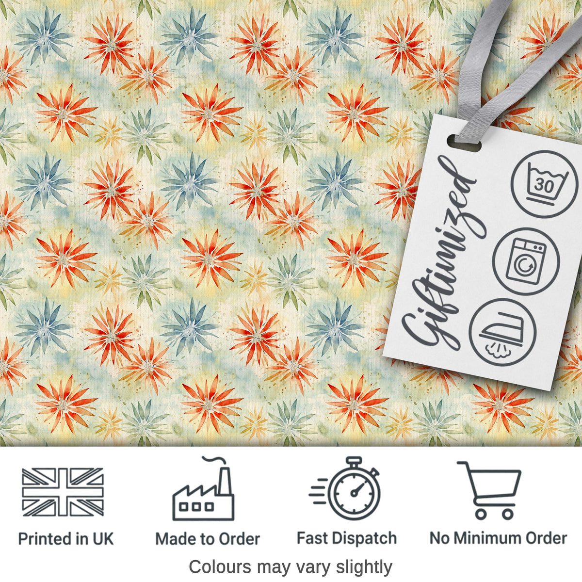 Multicolor Starburst Floral Watercolor Seamless Pattern Digital Print Fabric by the Metre UK Sewing Quilting Textile