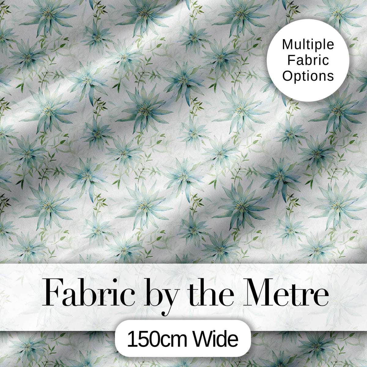 Soft Teal Starflower Watercolor Floral Seamless Pattern Digital Print Fabric by the Metre UK Sewing Quilting Textile