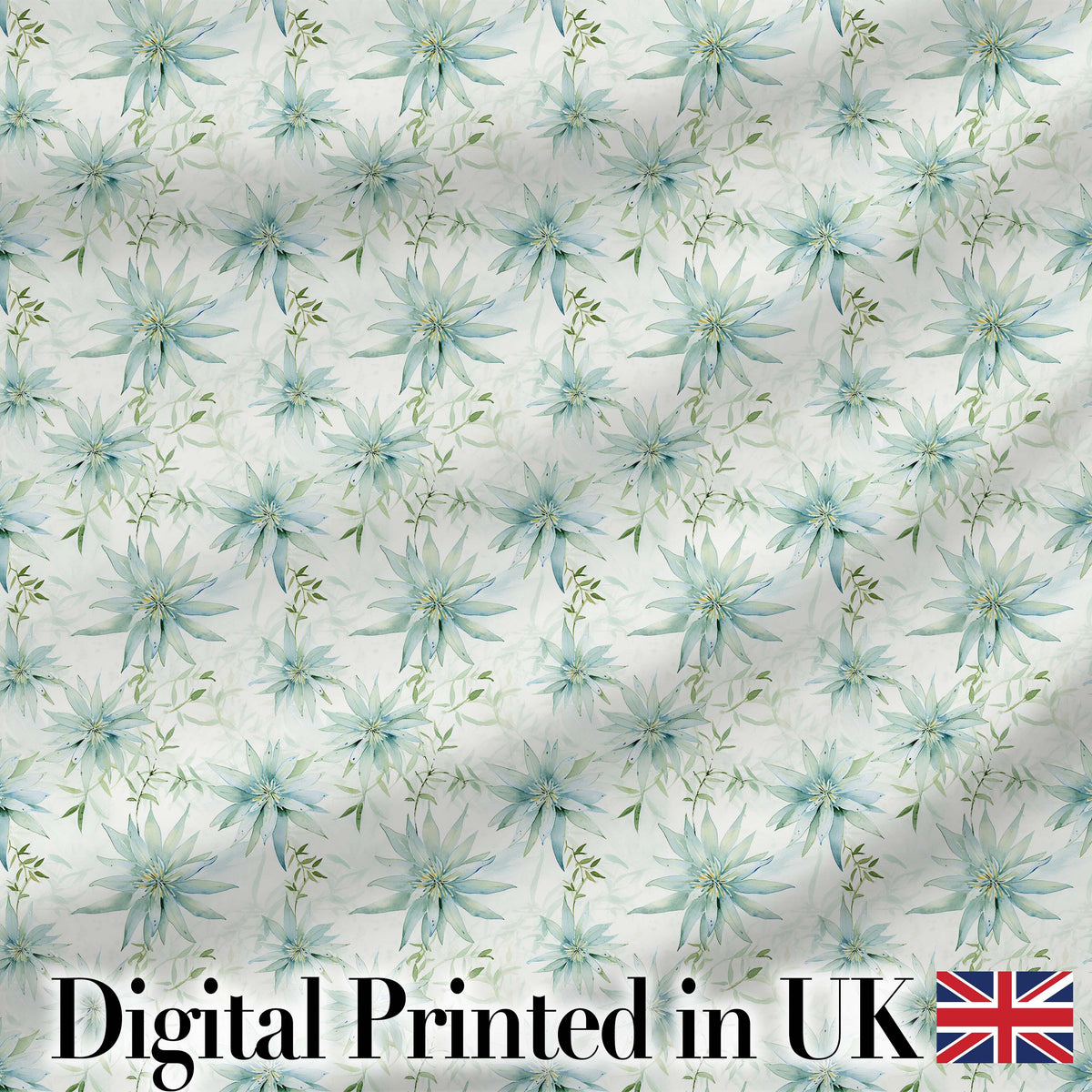 Soft Teal Starflower Watercolor Floral Seamless Pattern Digital Print Fabric by the Metre UK Sewing Quilting Textile