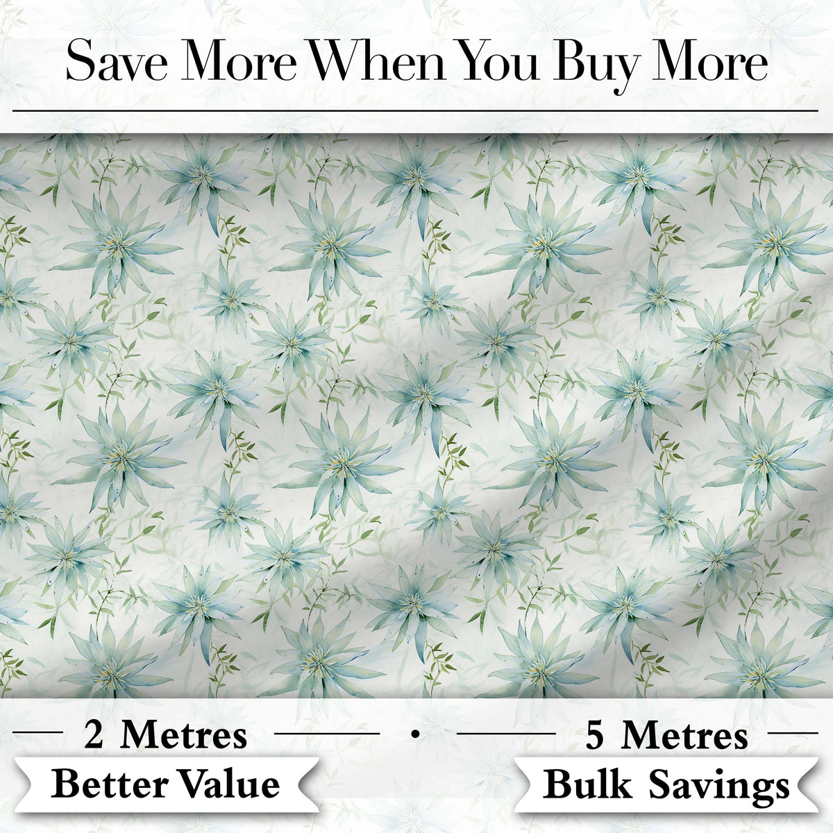 Soft Teal Starflower Watercolor Floral Seamless Pattern Digital Print Fabric by the Metre UK Sewing Quilting Textile