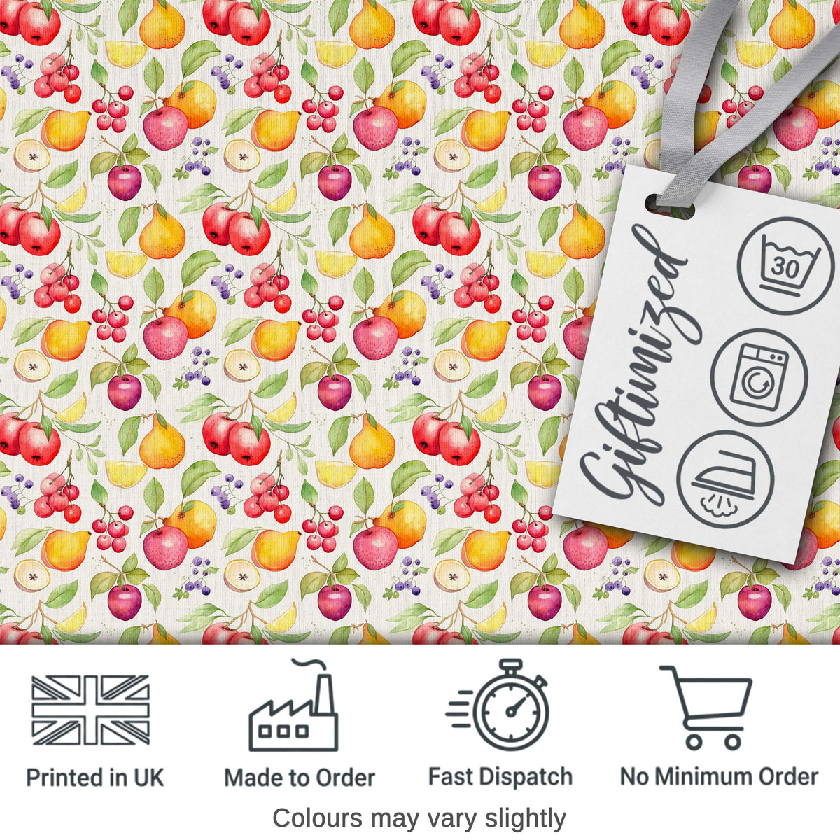 Fresh Apple Pear and Cherry Watercolor Seamless Pattern Digital Print Fabric by the Metre UK Sewing Quilting Textile