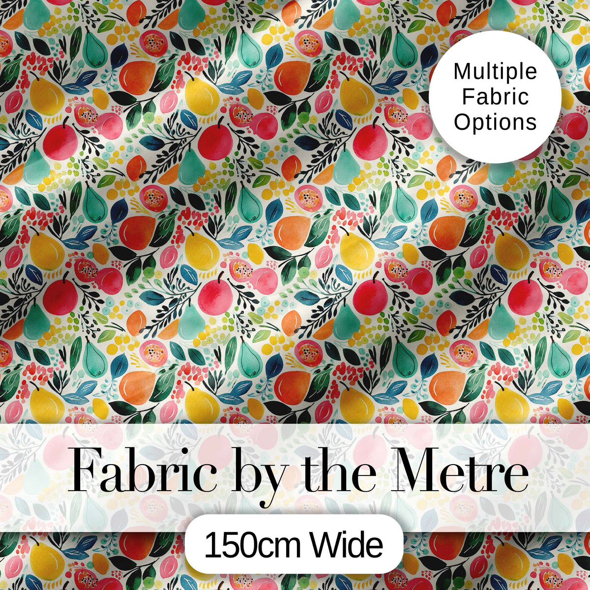 Colorful Watercolor Mixed Fruit and Leaves Seamless Pattern Digital Print Fabric by the Metre UK Sewing Quilting Textile