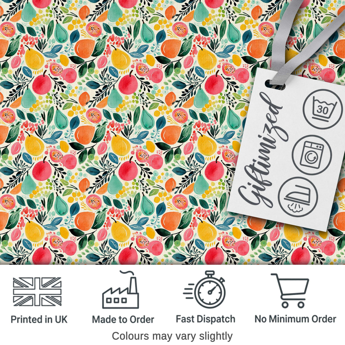 Colorful Watercolor Mixed Fruit and Leaves Seamless Pattern Digital Print Fabric by the Metre UK Sewing Quilting Textile