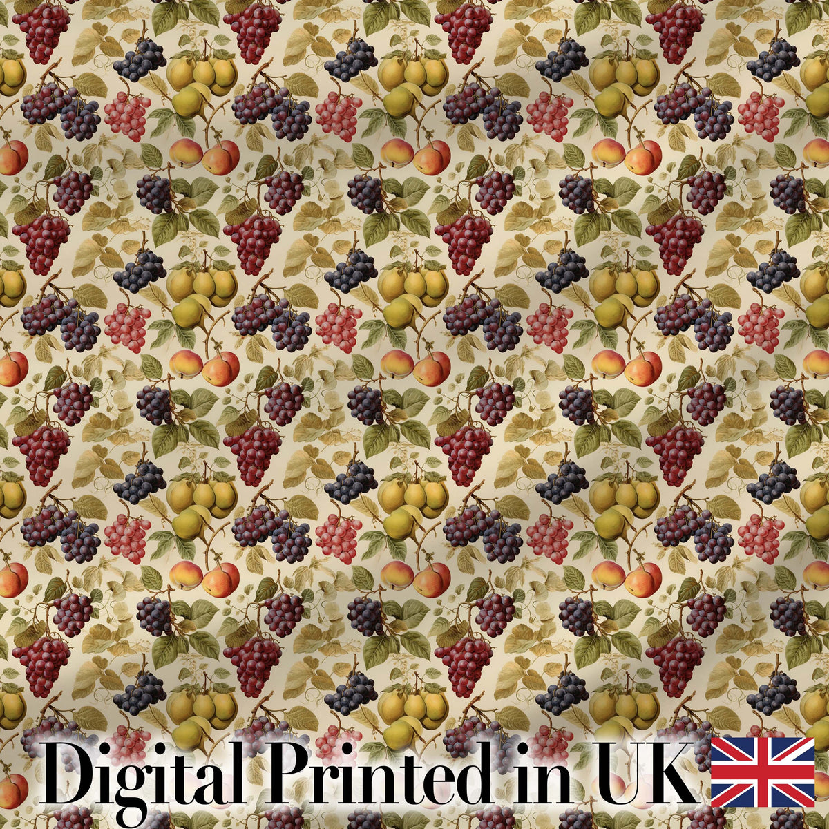 Classic Vintage Grapes Pear and Apple Botanical Seamless Pattern Digital Print Fabric by the Metre UK Sewing Quilting Textile