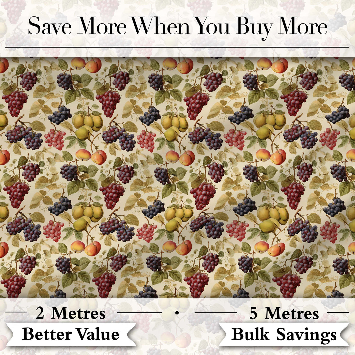 Classic Vintage Grapes Pear and Apple Botanical Seamless Pattern Digital Print Fabric by the Metre UK Sewing Quilting Textile