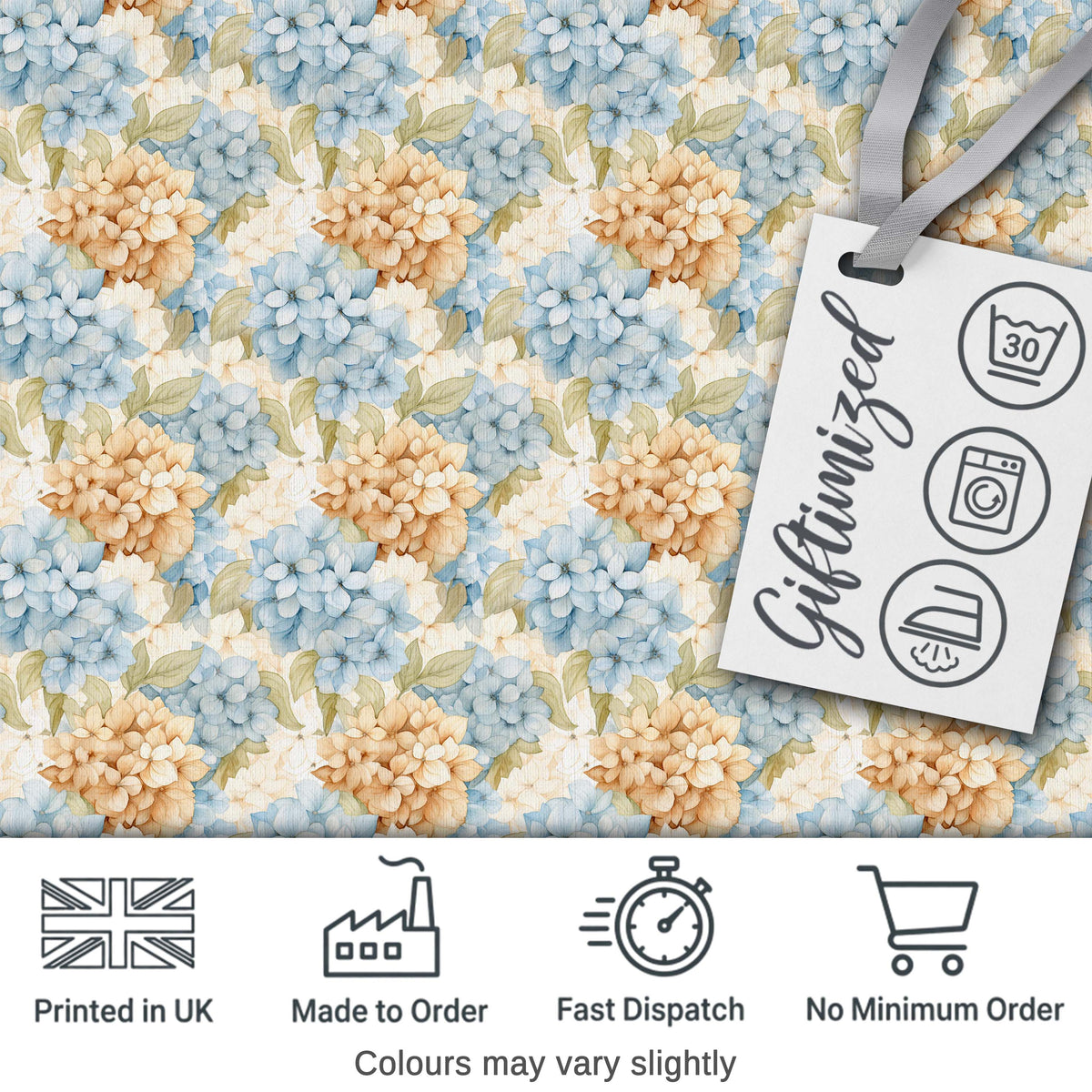Vintage Blue and Cream Hydrangea Floral Seamless Pattern Digital Print Fabric by the Metre UK Sewing Quilting Textile