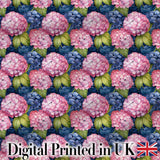 Pink and Blue Hydrangea Floral Seamless Pattern Dark Background Digital Print Fabric by the Metre UK Sewing Quilting Textile
