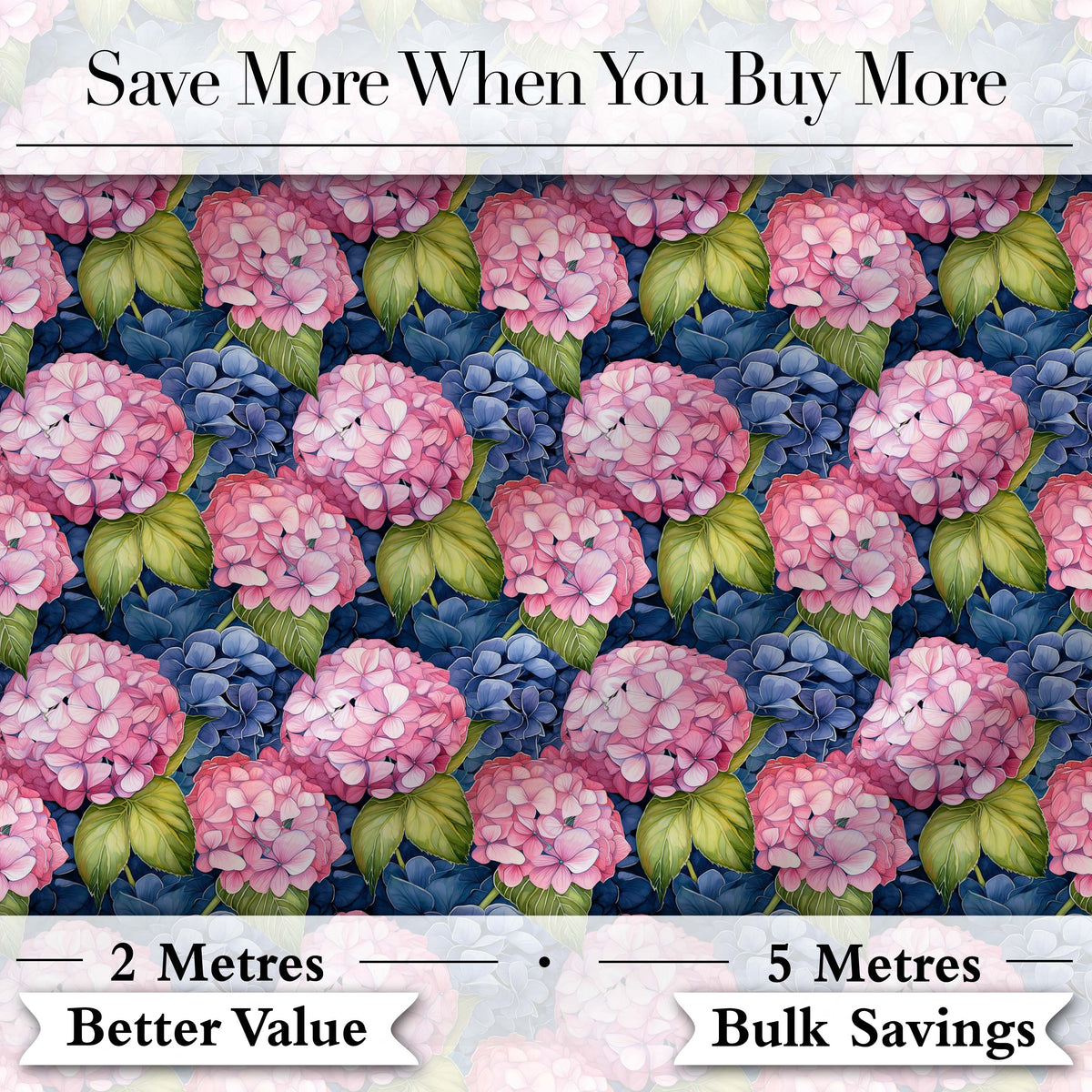 Pink and Blue Hydrangea Floral Seamless Pattern Dark Background Digital Print Fabric by the Metre UK Sewing Quilting Textile