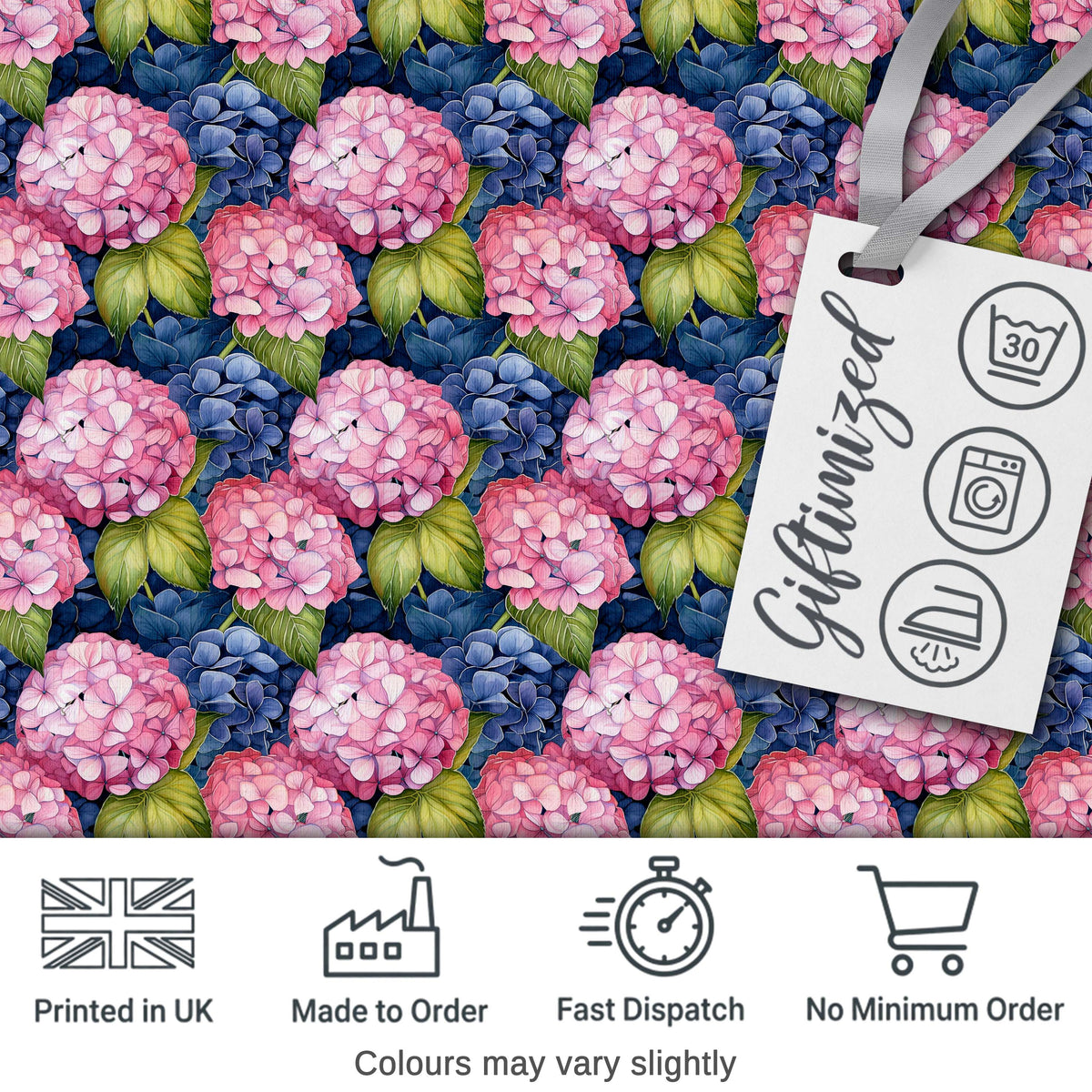 Pink and Blue Hydrangea Floral Seamless Pattern Dark Background Digital Print Fabric by the Metre UK Sewing Quilting Textile