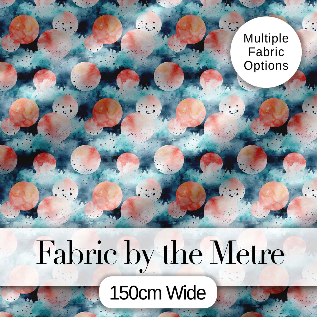 Abstract Coral and Teal Watercolor Circles Seamless Pattern Digital Print Fabric by the Metre UK Sewing Quilting Textile